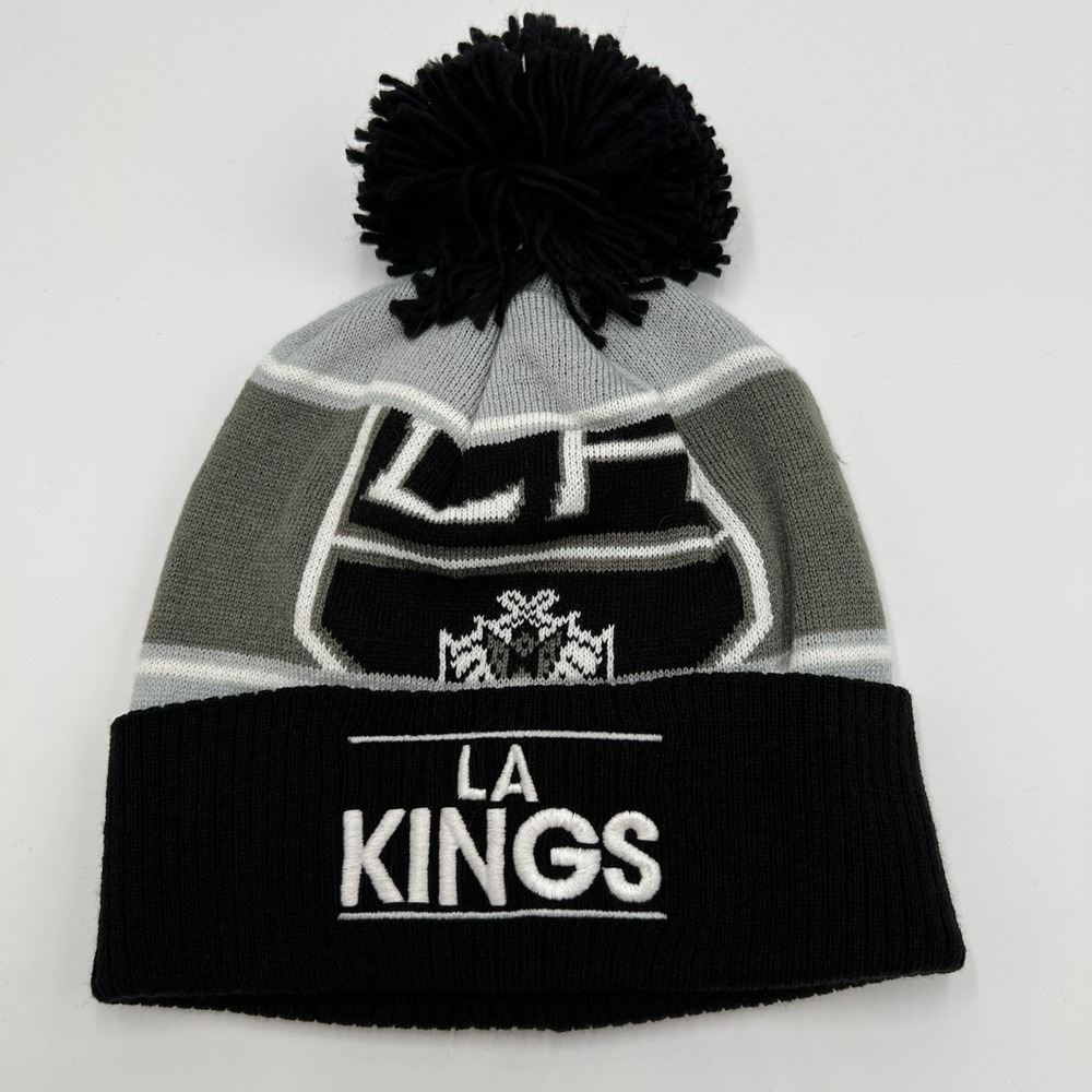 Adidas LA Kings NHL Pom Beanie Hat Black Gray White Striped‎ Cuffed NEW